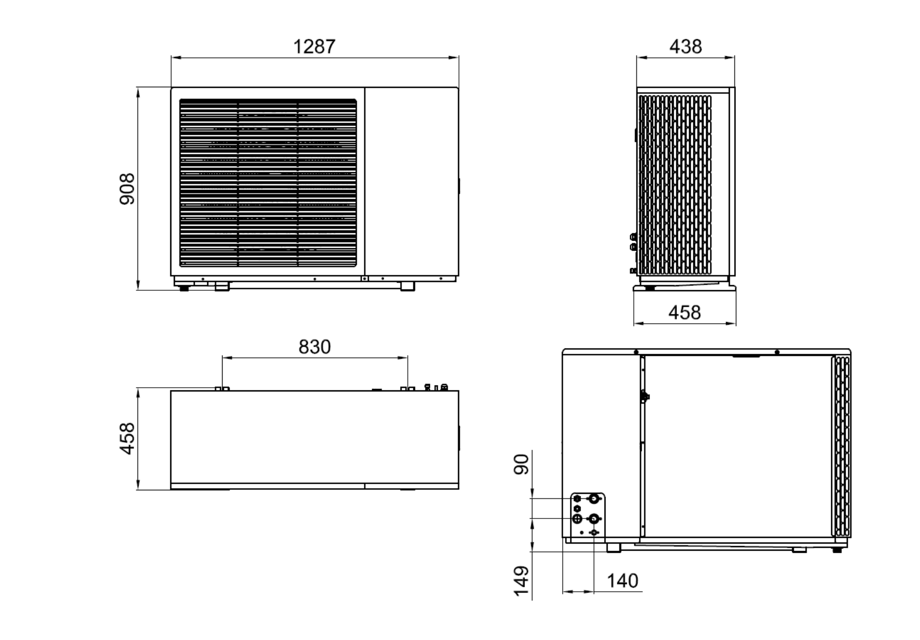 Maßzeichnung WPH-012TC3 aus dem Engineering Manual: Ansichten und Abmessungen 1287 × 458 × 908 mm