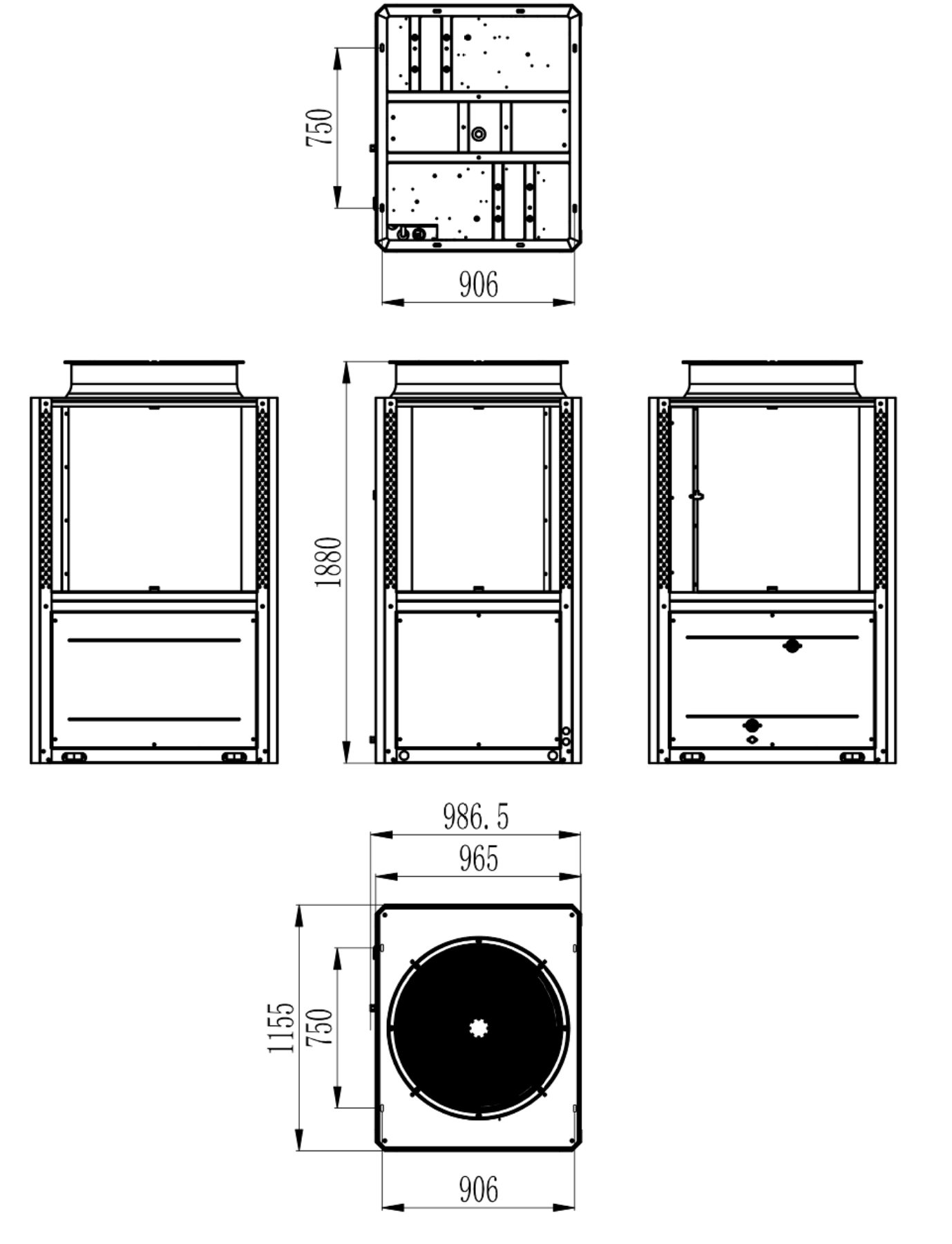 Maßzeichnung WPH-050TC3 aus dem Installationshandbuch: Ansichten und Abmessungen, Höhe 1880 mm
