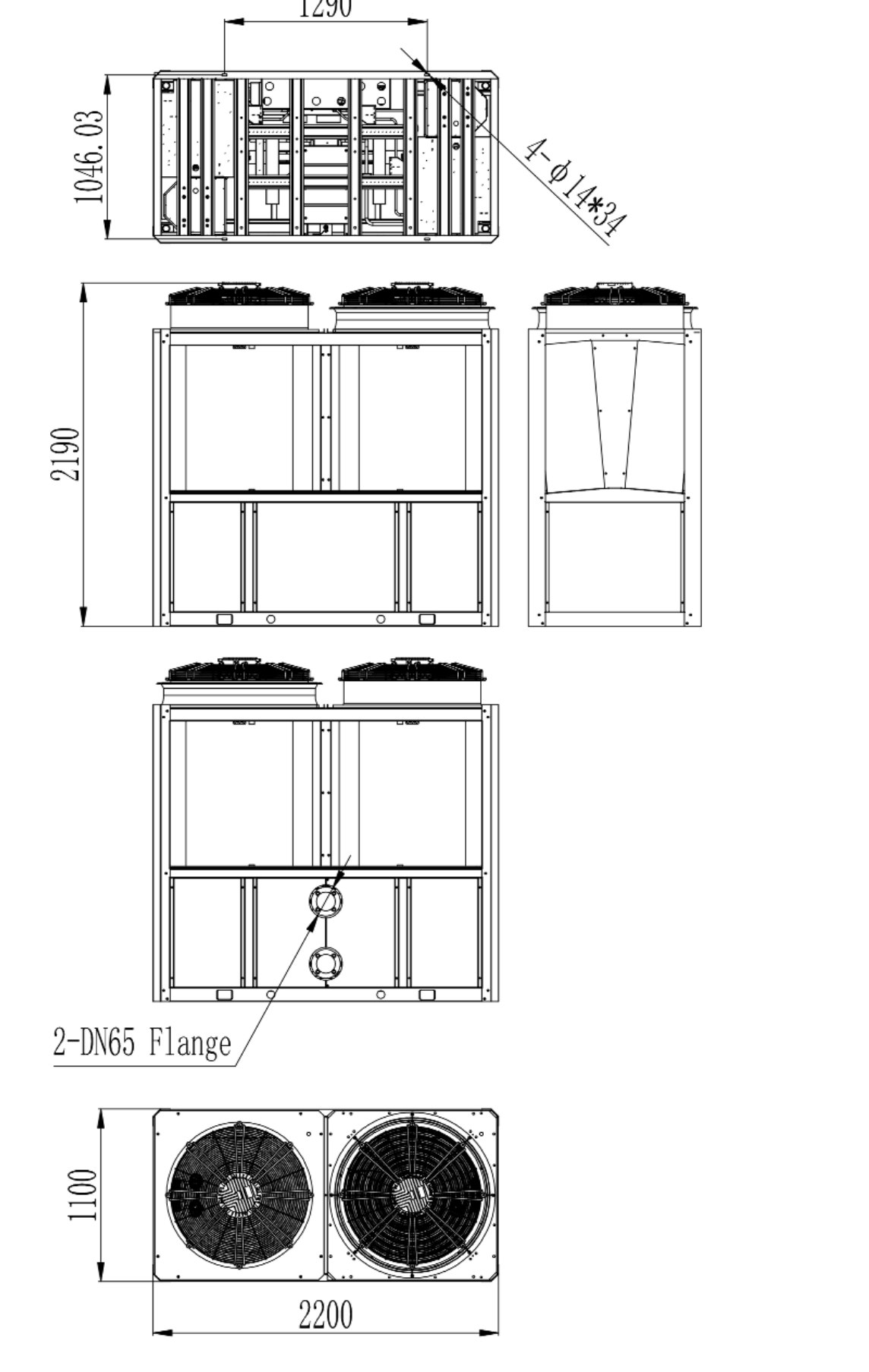 Maßzeichnung WPH-075TC3 aus dem Installationshandbuch: Ansichten und Abmessungen 2200 × 1100 × 2190 mm